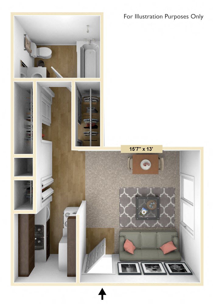 Floor plan for studio, 1 bath, 365 sqft